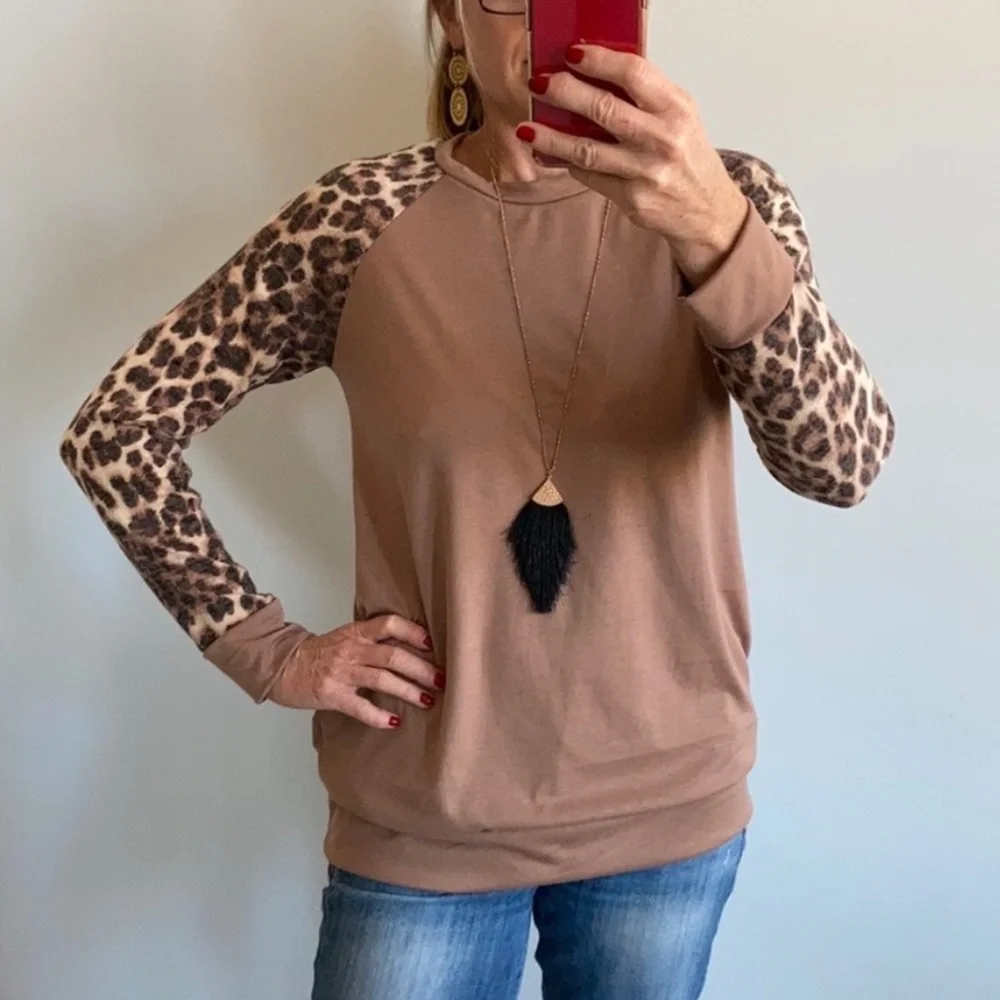 Leopard Print & Tan Long Sleeve Top - Picture 1 of 6